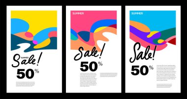 Renkli soyut akışkan geçmişe sahip bir dizi yaz indirimi afişi. % 50 indirim var.