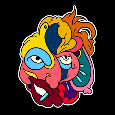 Etiket renkli karalama karikatür vektör çizimi. baş, maske, şeytan, hayalet ve canavar logo maskotu tasarımı için