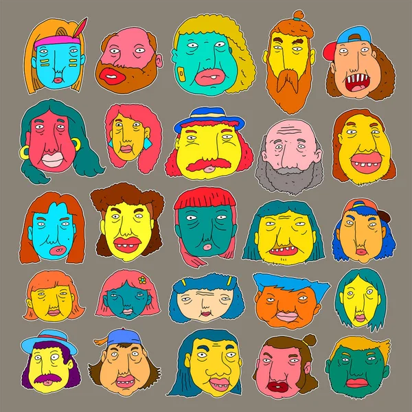 Vector Illustration Various Cartoon Face Expression People Head Sticker Logo — Stockový vektor