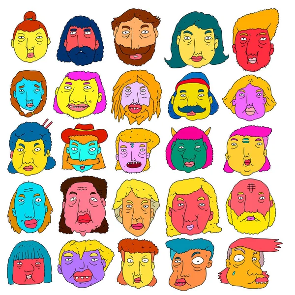 Vector Illustration Various Cartoon Face Expression People Head Sticker Logo — Stock Vector