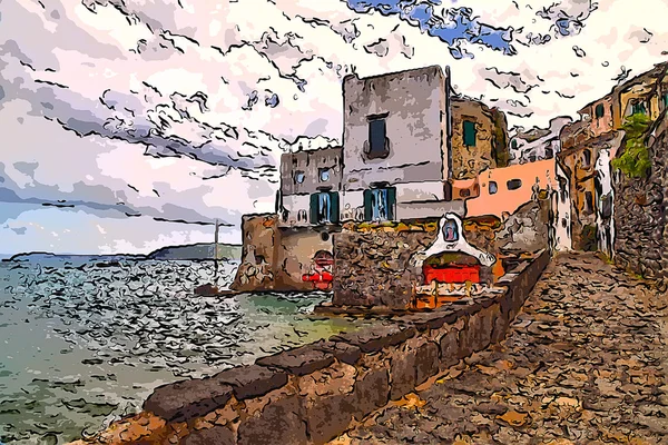 Villaggio di pescatori Isola di Celsea Ischia Italia modalità stilizzata — Foto Stock
