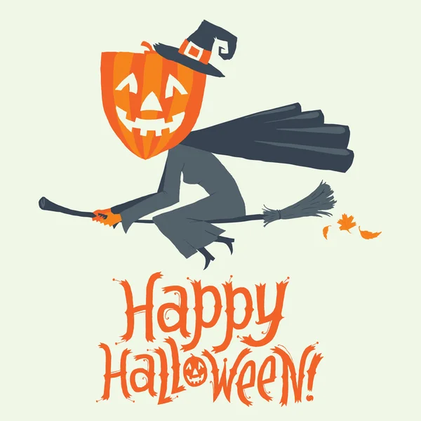 Una bruja volando en un palo de escoba. Postal de Halloween feliz, póster, fondo o invitación de fiesta. Ilustración vectorial . — Archivo Imágenes Vectoriales