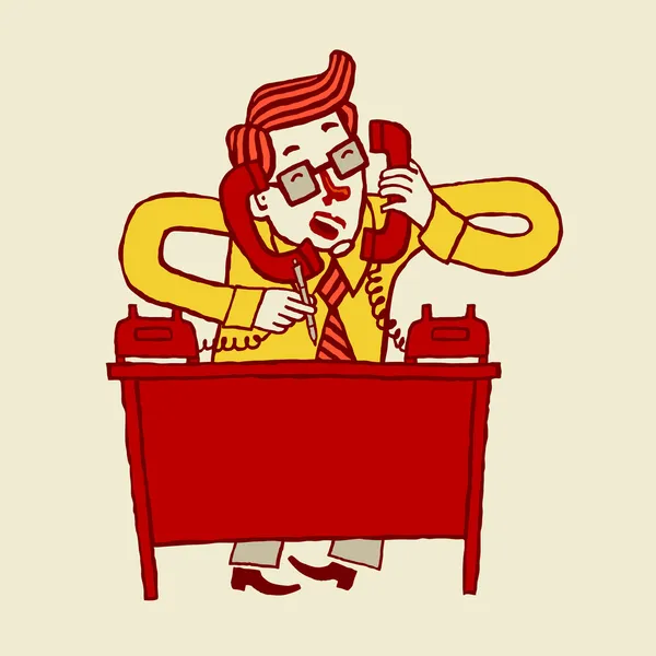 Ilustração vetorial de um empresário de desenhos animados ocupado falando por telefone — Vetor de Stock