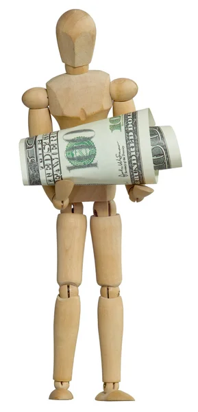 Wooden man holding dollars — Stock Photo, Image