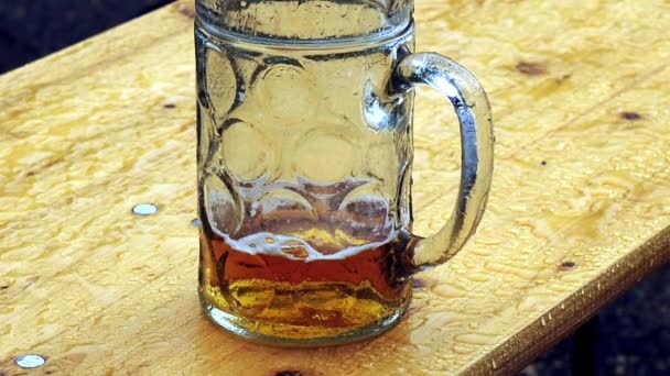 Vaso de cerveza bajo la lluvia — Vídeos de Stock