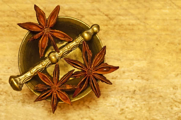 Star anise with mortar — Stock Photo, Image