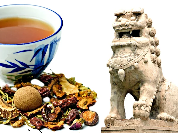 Chinese herbal medicine with temple lion — Stock Photo, Image