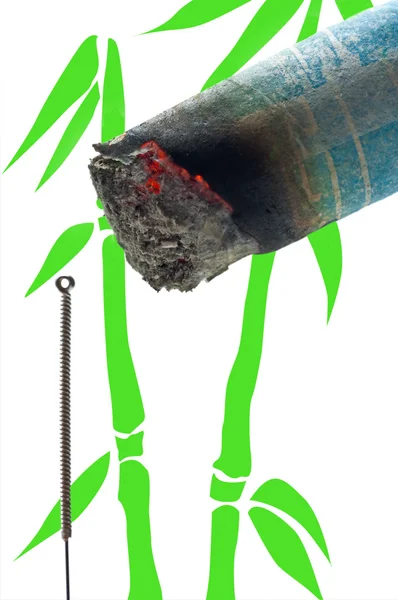 Burning moxa cigar with acupuncture needle — Stock Photo, Image