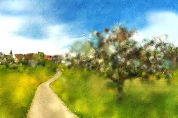 Landidylle mit Baumblüte und Dorf — Stockfoto