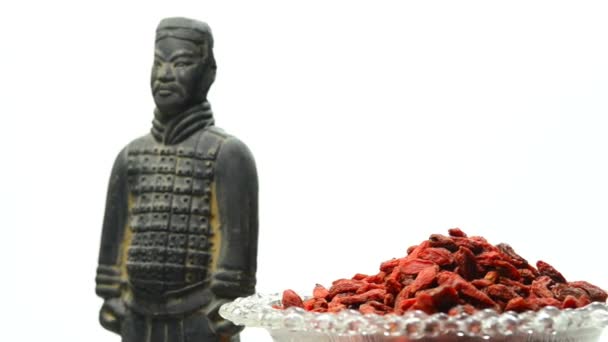 Gojii berries with antique chinese clay soldier — Stock Video