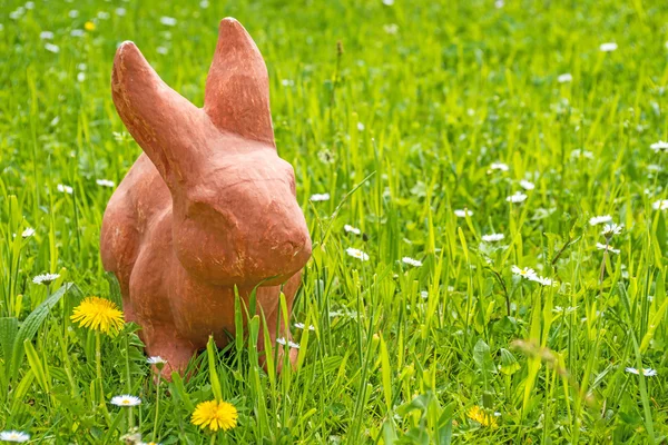 Easter bunny in a green meadow with dandelion flower — Stock Photo, Image