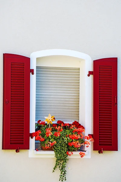 Window with pretty flower arrangement — Stock Photo, Image