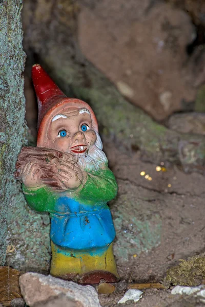 Gnomo de jardín en una cueva de árbol — Foto de Stock