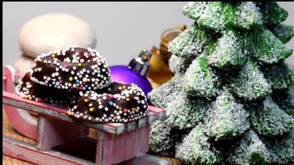Bolo Natal Alemão Pfeffernuss Bolos Chocolate Trenó Mesa Volta Com — Vídeo de Stock