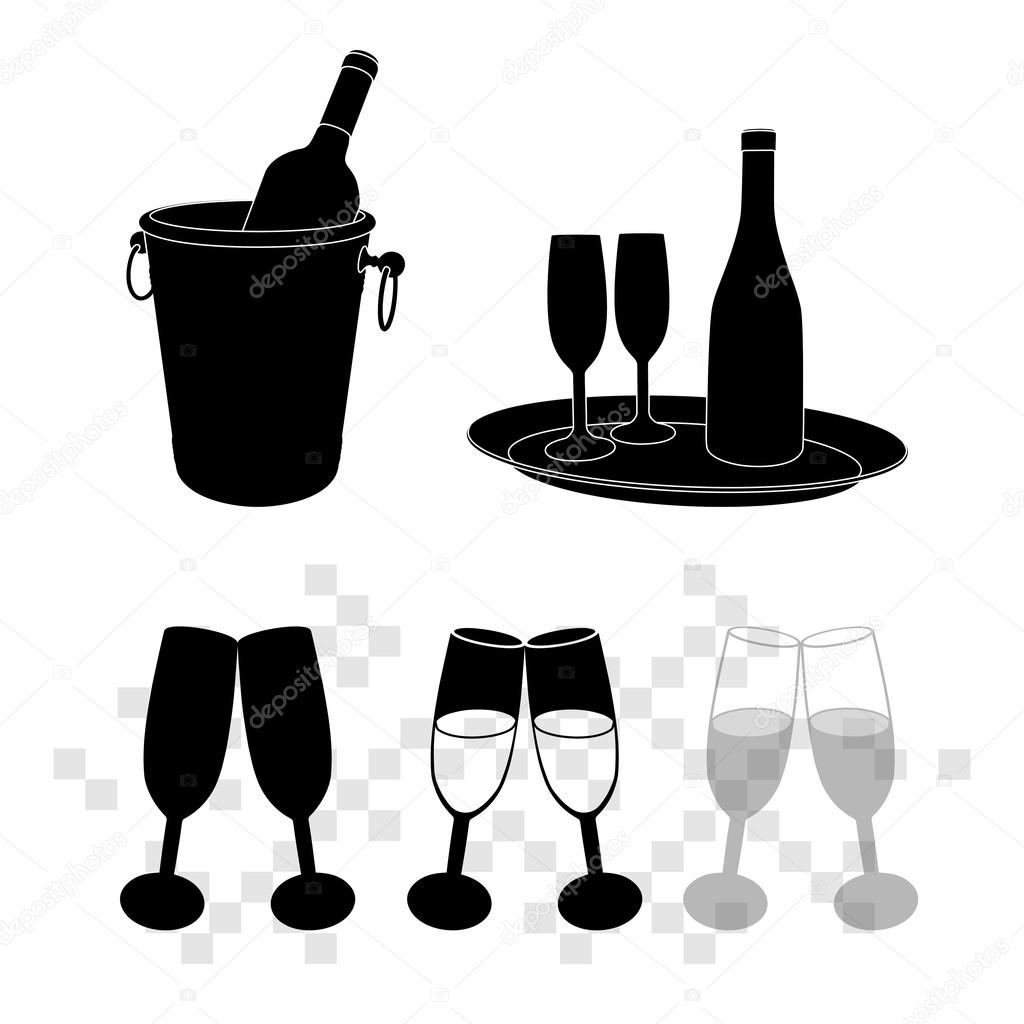 Vector illustrations of champagne bottle in bucket and glasses of champagne
