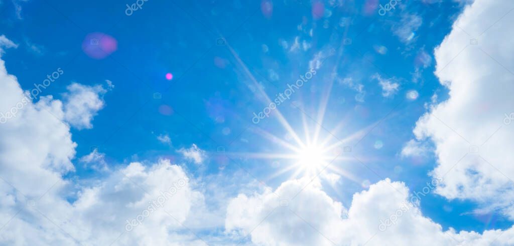 The new day is always bright. Bright blue day. Header for social media cropped for covers. horizontal photo banner for website header design. The beautiful sky with clouds and sun.  real photo.