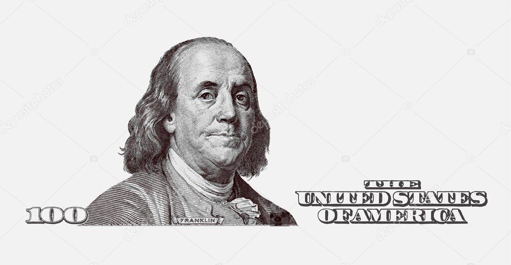 President Benjamin Franklin on 100 dollars banknote. isolated on white.