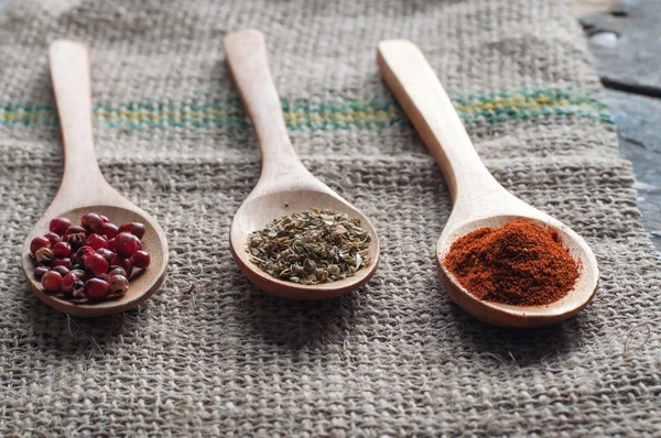 Various spices in wooden spoons — Stock Photo, Image