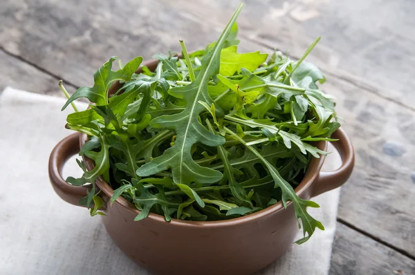 Kulhoon vihreää salaattia arugula — kuvapankkivalokuva