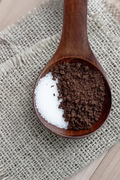 Caffè istantaneo e zucchero in cucchiaio — Foto Stock