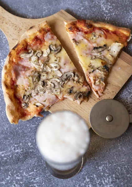 Tasty Pizza Glass Beer Table Close Stockfoto