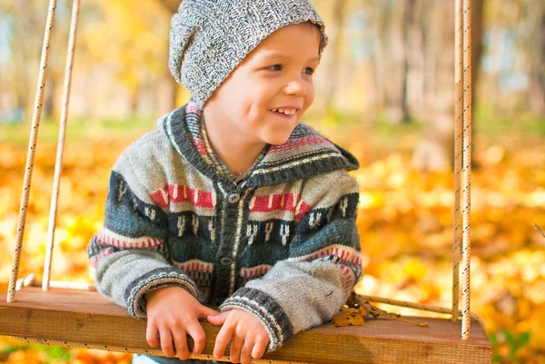 Excited little boy on a swing outdoor — Stock Photo, Image