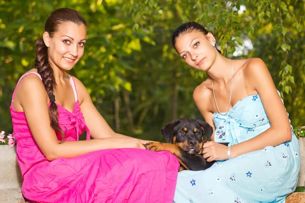 Dvě krásné sestry s štěně v parku — Stock fotografie