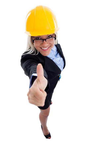 Mujer con casco aprobando el trabajo — Foto de Stock