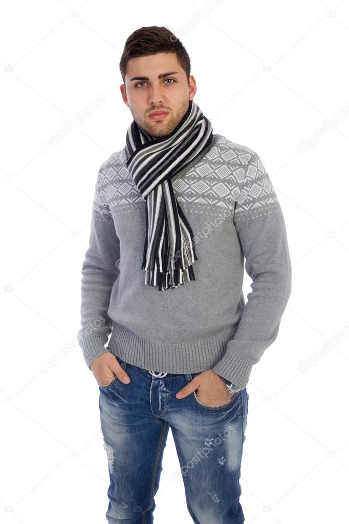 man in sweater on white background