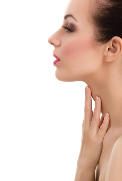 Beautiful woman cares for the skin neck — Stock Photo, Image