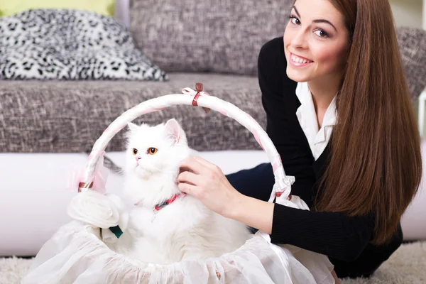 Vacker ung kvinna och persiska vit katt i hemmet — Stockfoto