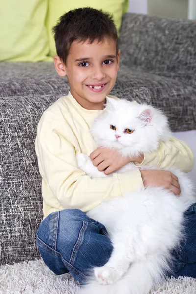 Garçon étreignant un chat persan blanc — Photo