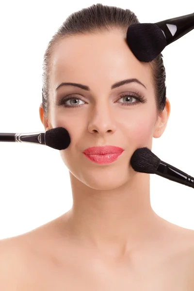 Beauty girl with makeup brushes — Stock Photo, Image