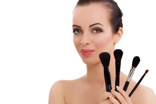 Beauty girl with makeup brushes — Stock Photo, Image