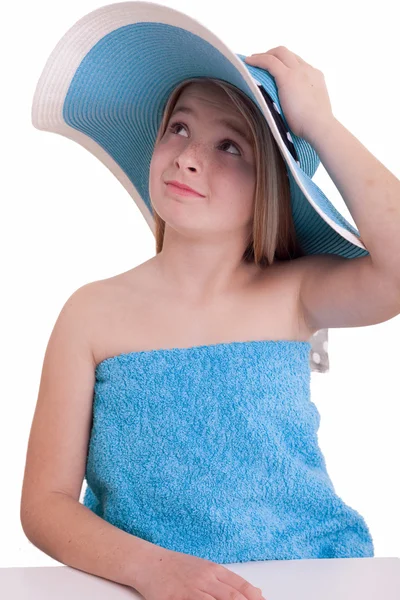 Beautiful little girl in blue summer hat — Stock Photo, Image