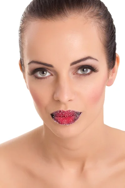 Woman's  red lips coated with scattered sugar — Stock Photo, Image