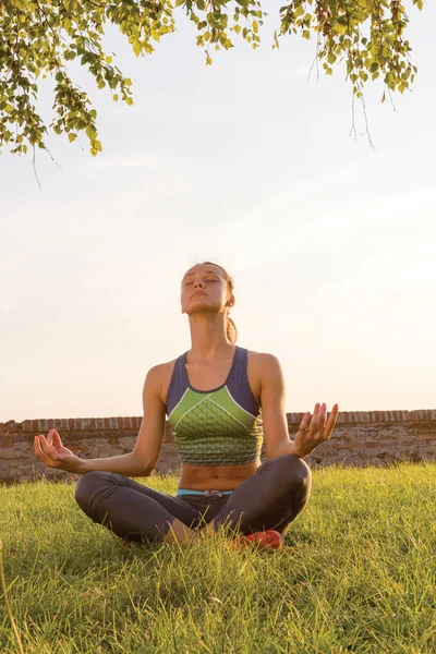 Mulher Yoga desportivo na parte da manhã — Fotografia de Stock