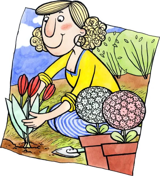 La mujer está plantando flores — Foto de Stock