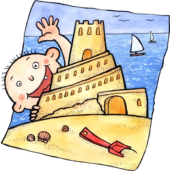 Carino bambino e castello di sabbia — Foto Stock