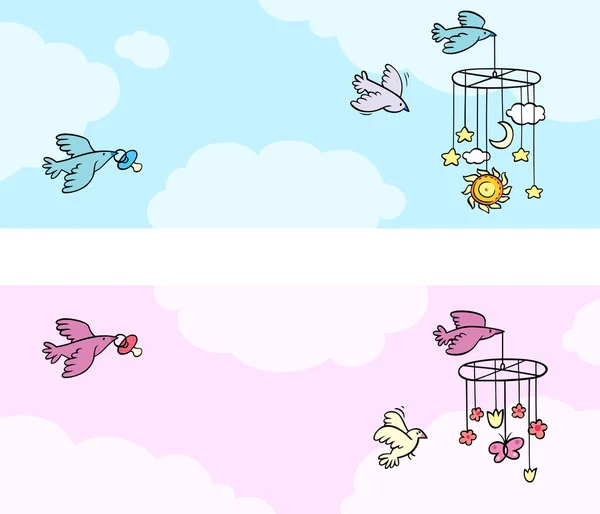 Conjunto de dois banners temáticos recém-nascidos com aves voadoras —  Vetores de Stock