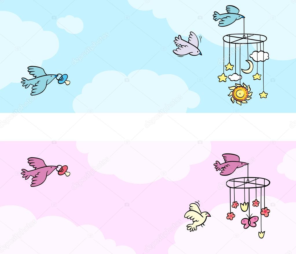 Set of two newborn theme banners with flying birds