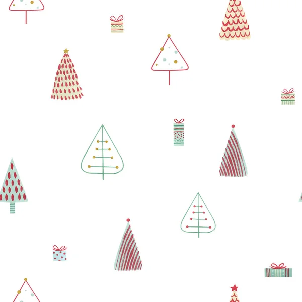 Patrón sin costura del árbol de Navidad escandinavo sobre fondo blanco. Vacaciones de Navidad nórdicas pintadas a mano. —  Fotos de Stock