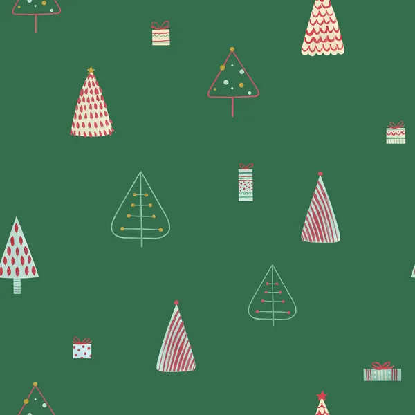 Scandinavian Christmas tree seamless pattern on green background. Hand painted nordic Christmas holiday. — Stock Photo, Image