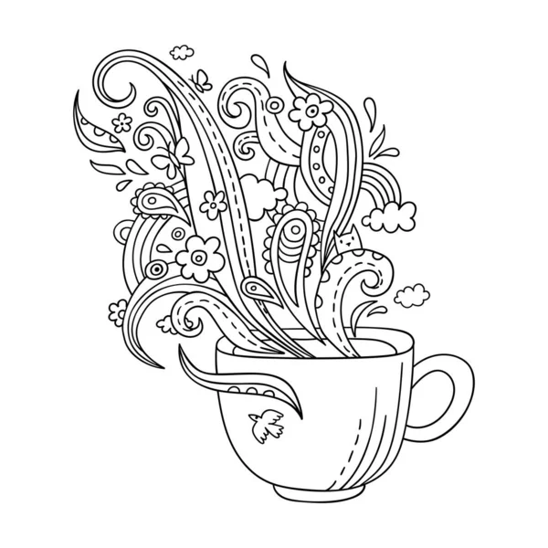 아트 컵에 차나 커피를 담는다. 벡터 성인 색칠 페이지 컵 과 낙서 스타일의 화려 한 증기. — 스톡 벡터