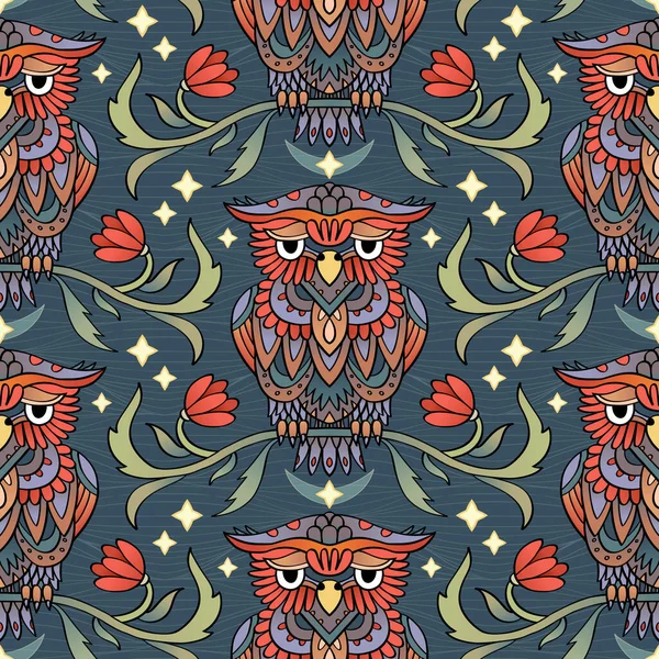 Ornate owl seamless pattern in Art Nouveau style. Line-art owl and flowers. — Stock Vector