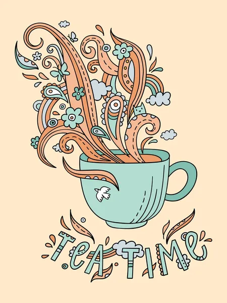 Lijn kunst kopje thee of koffie. Vector volwassen kleurplaat een kopje en sierlijke stoom in doodle stijl. — Stockvector
