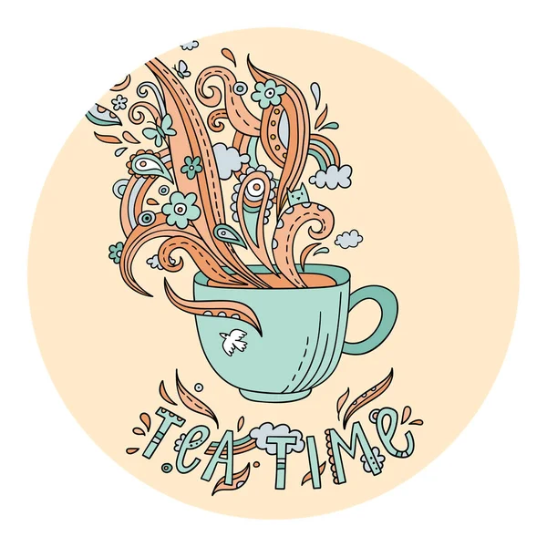 Ronde sticker met een kopje thee of koffie. Theekopje en sierlijke stoom in doodle stijl. Leuke sticker met een decoratieve beker. — Stockvector