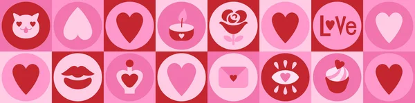 Kitsch St. Valentine horizontal banner. Pink love and hearts. Romantic illustration. — стоковий вектор