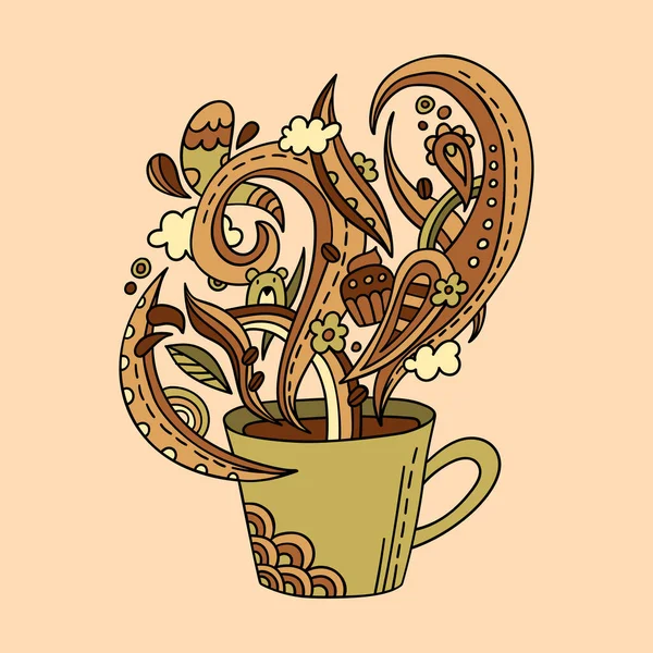 Colorful line art cup of coffee. Vector adult coloring page a cup and ornate steam in doodle style. Cute print with a decorative cup. —  Vetores de Stock