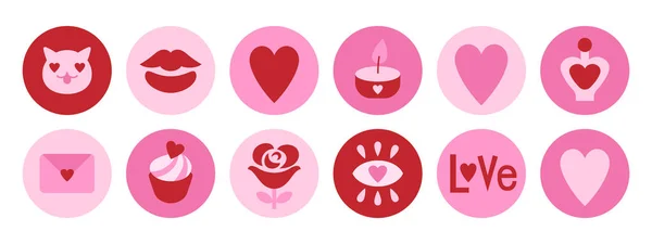 Kitsch St. Valentine round icons. Pink love and hearts symbol set. Romantic icon collection. — Stock Vector